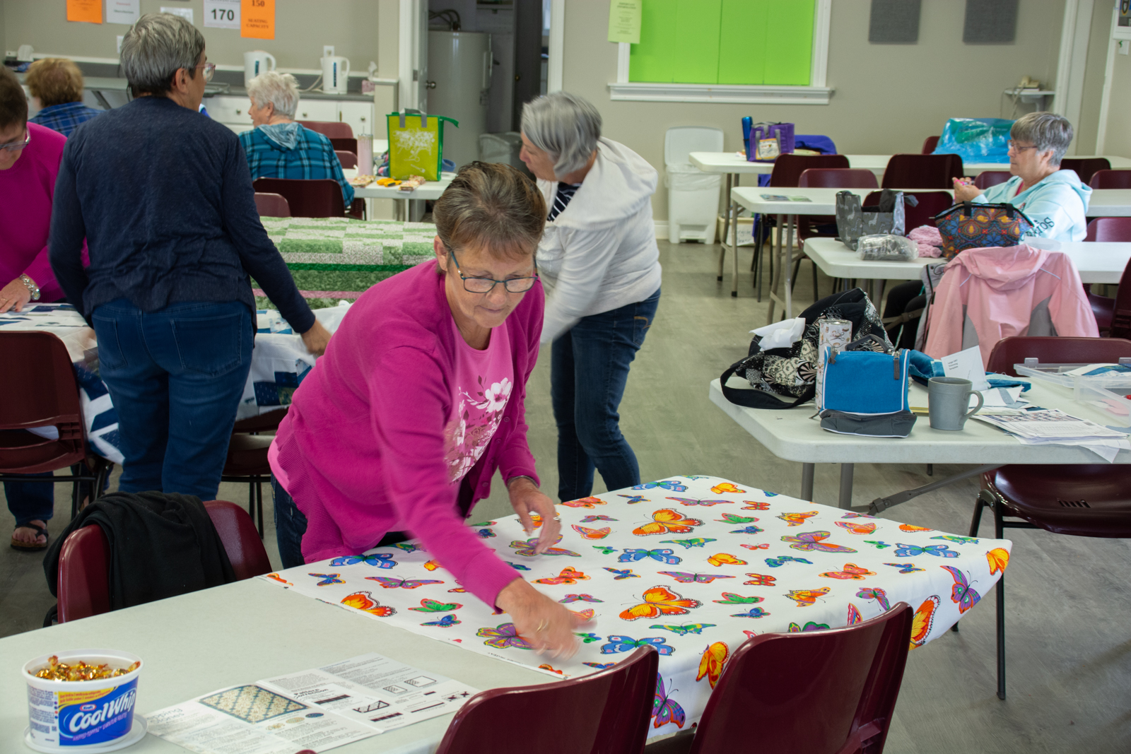 Lilly Jane Dorey working on her quilt with her Busy Bee quilting companions in the background on a Monday quilting session at the Isle Madame New Horizons Senior Citizens Club.