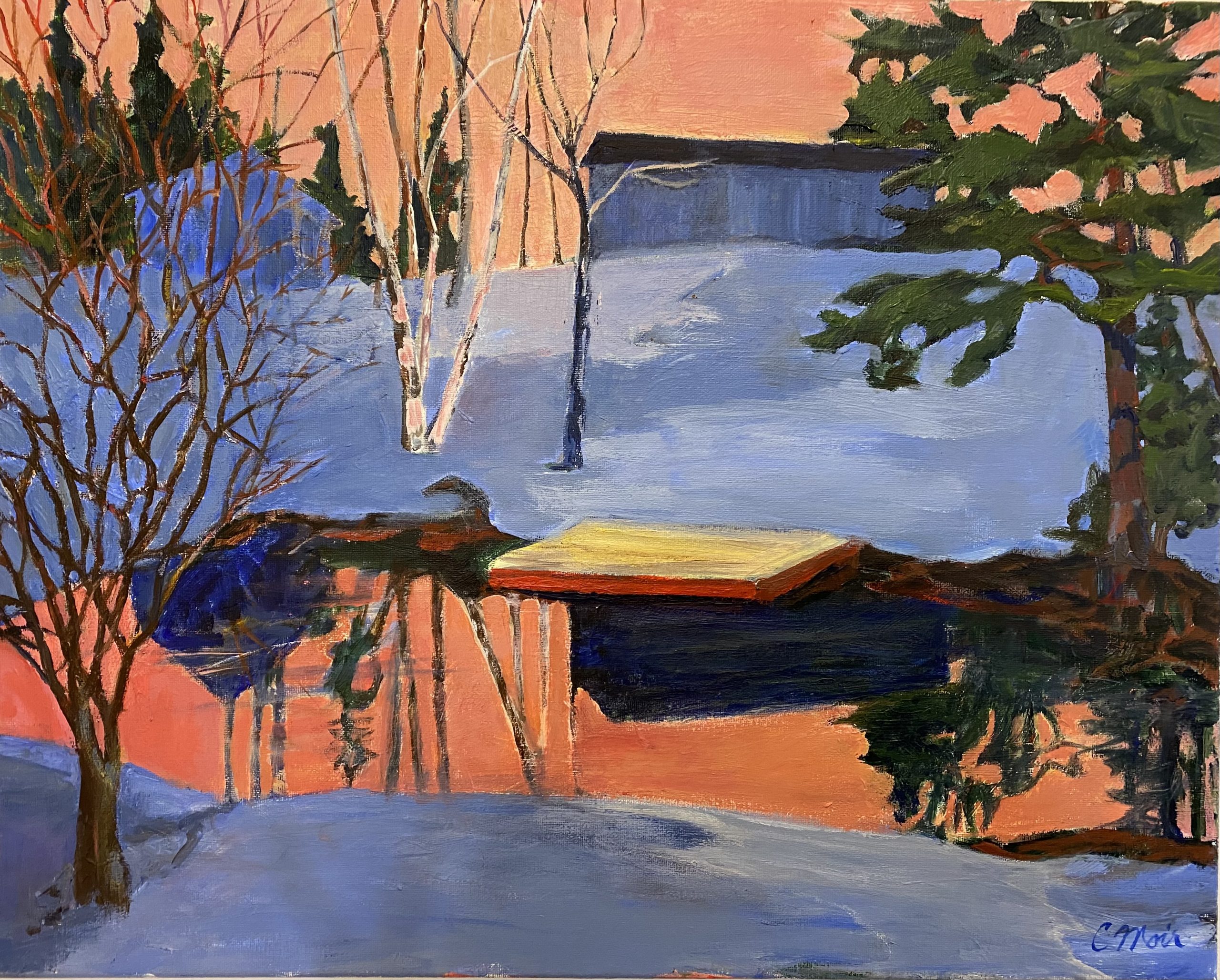 A painting of a late winter afternoon of the hillside and the small pond in her back yard during the COVID pandemic.