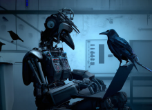 DALL·E 2023-10-04 09.43.21 - Cyberpunk style of robot typing at laptop with robot crows