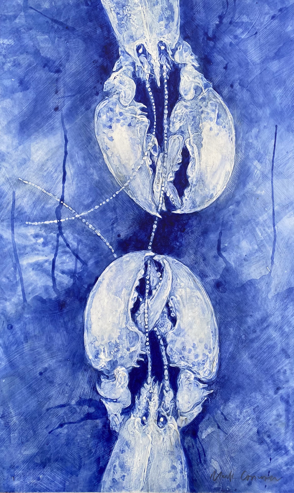 Severing Ties — This blue acrylic monochrome over a textured gesso base makes a statement about the ending of a relationship. Two lobsters are both severing their mutually connected antennae and each are left with a shortened pair. The most saturated colour is between the claws and also surrounds the head accentuating the negative space of the lobster body shapes.