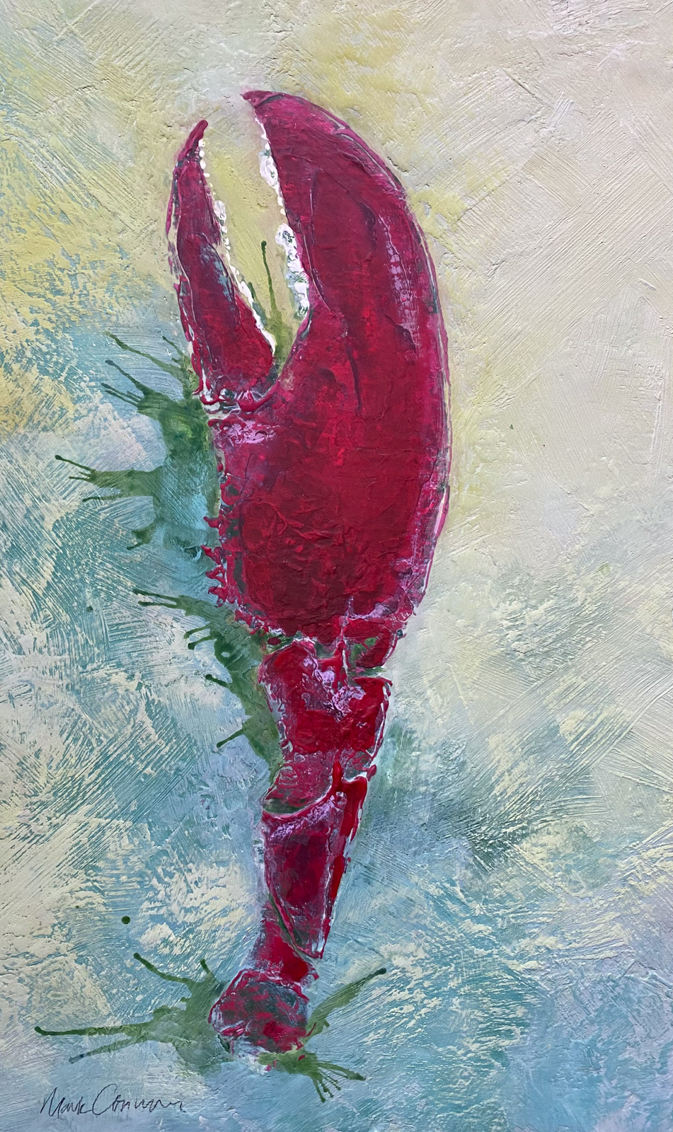 Cooked lobsters are red. This one is deep burgundy, painted in textured layers showing the intricate parts that allow movement of the claw. A spontaneous spatter of green paint close under the claw reminds us that this creature was once green and alive and suggests the idea that control versus letting go is part of an artist’s continuum of technique.