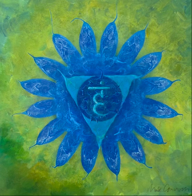 This is the Throat Chakra, the fifth painting in Mark’s series of the chakras or energy centres of the body. Turquoise in colour and  located in the centre of the neck, it ignites the ability to speak and articulate clearly.  A Sanskrit letter representing the chakra is central, surrounded by a multi-petaled lotus, symbol of unfolding consciousness in a background of light green suggesting growth.