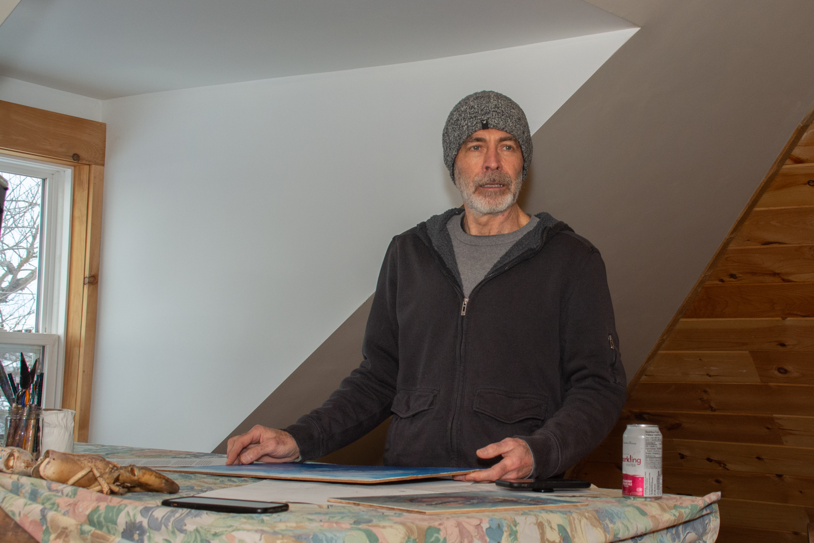 Mark Connors in his third story studio in Petit-de-grat.