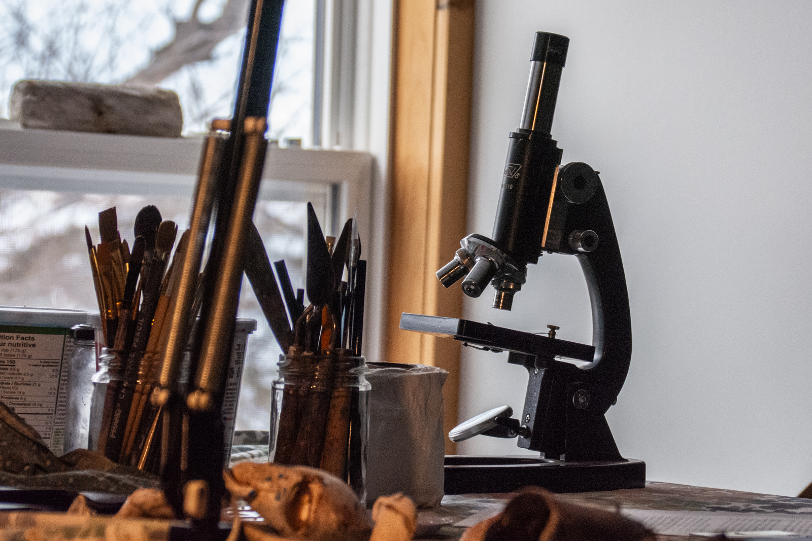 Mark Connors' painting tools and the microscope he's had since he was a teenager.