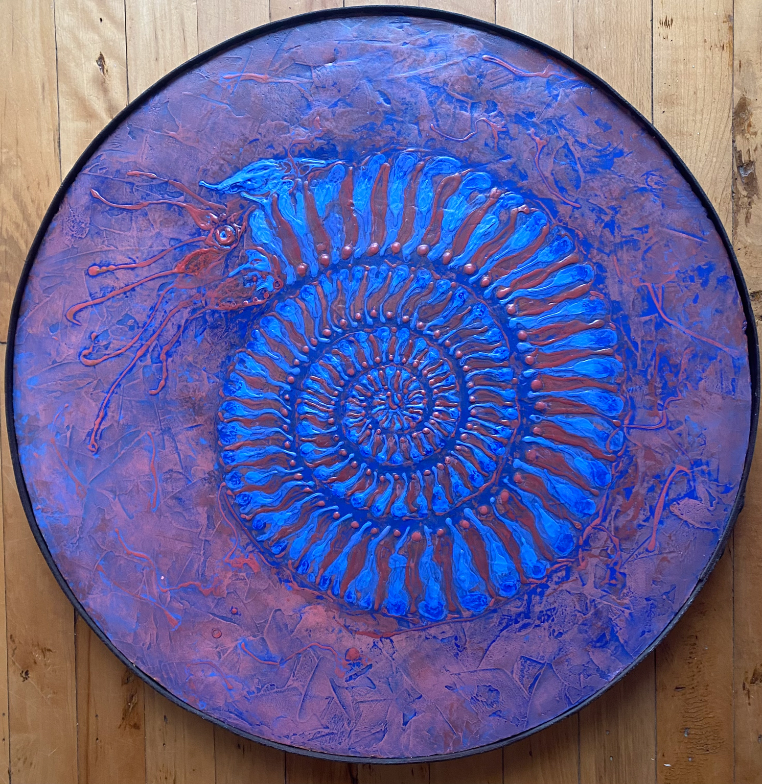 This rendering of an ammonite fossil vibrates with the juxtaposition of blue and red tones. Delicate background texture creates volume and an almost 3-D effect. His detailed and intimate knowledge of the natural world is revealed in this carefully painted image.