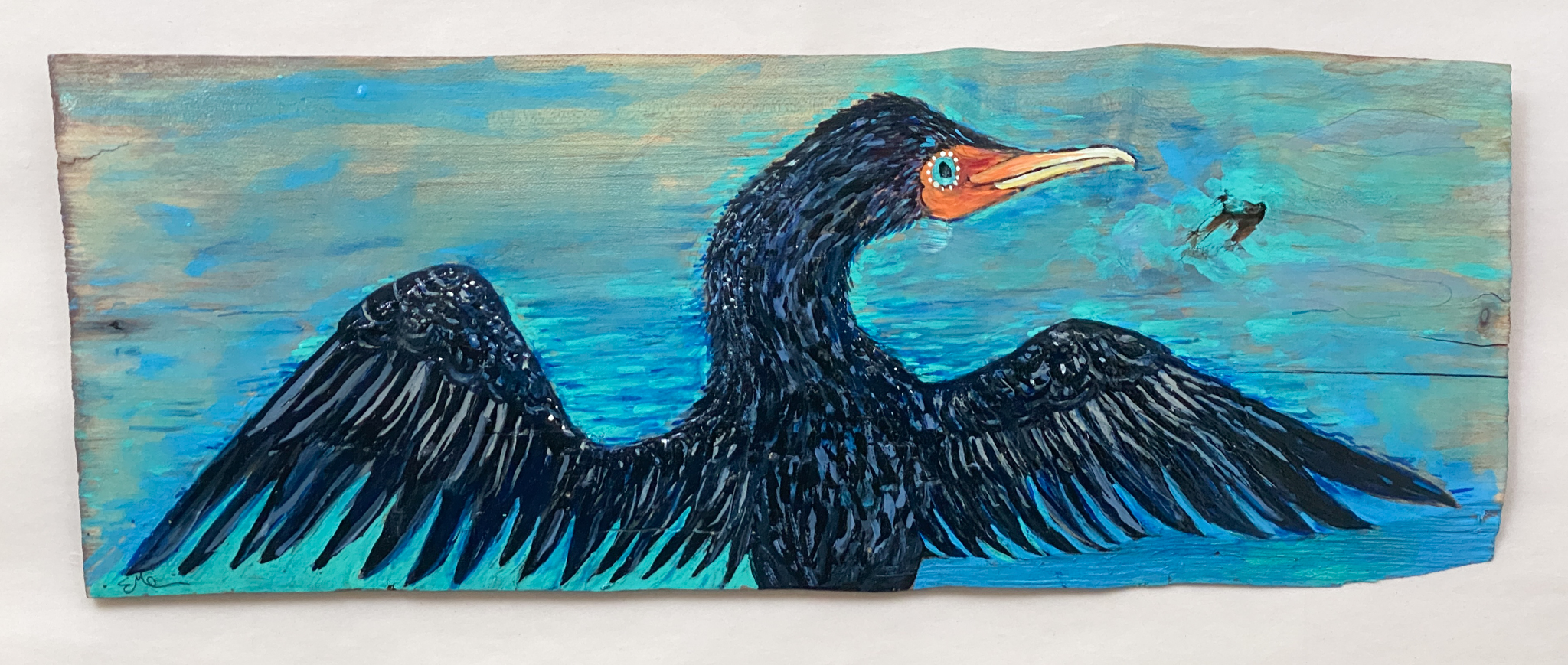 Cormorant Drying Its Wings — This is one of my favourites and we’ve used it for our Scrape Facebook page. In the summer, seeing cormorants on the rocks just 10 or 20 metres from the shore, with their wings outstretched, it’s such a familiar sight. This is acrylic on sawn boards from firewood.