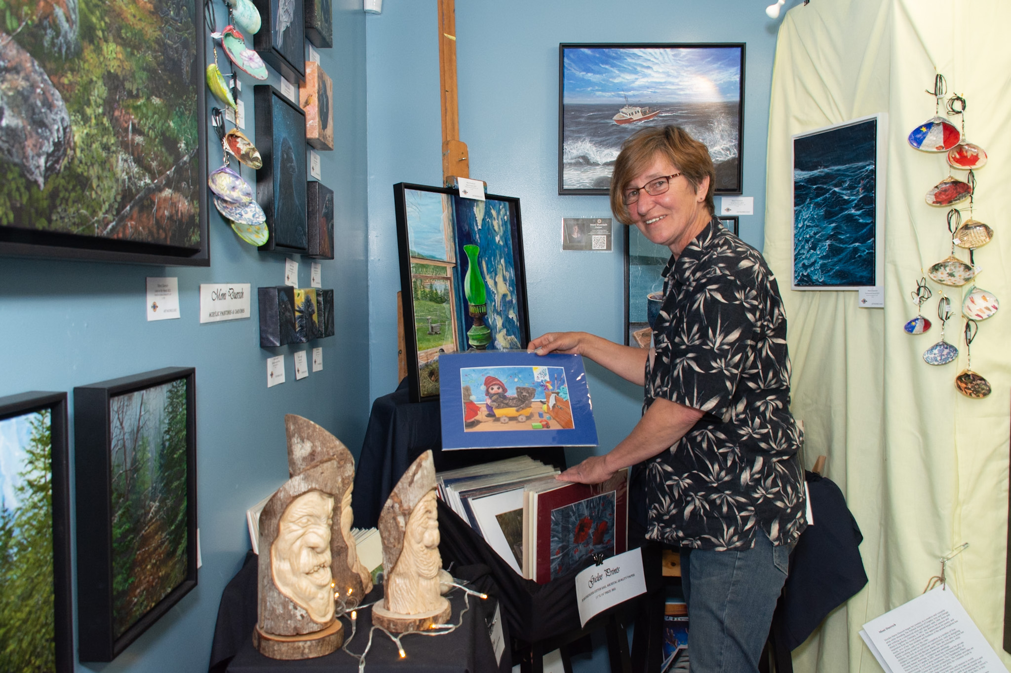Moni Duersch is one of the founding members who does a lot of workshops in the community, including schools and nursing homes. This is her corner of the gallery. She was also involved in the mural on the building directly in front of the gallery.