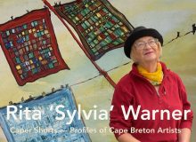 portrait of a painter with her painting as a backdrop